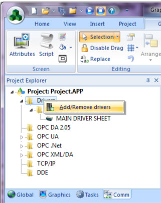 InduSoft Comm tab with Add or Remove drivers selected