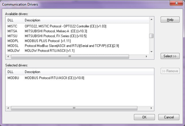 InduSoft driver selection dialog with MODBU selected