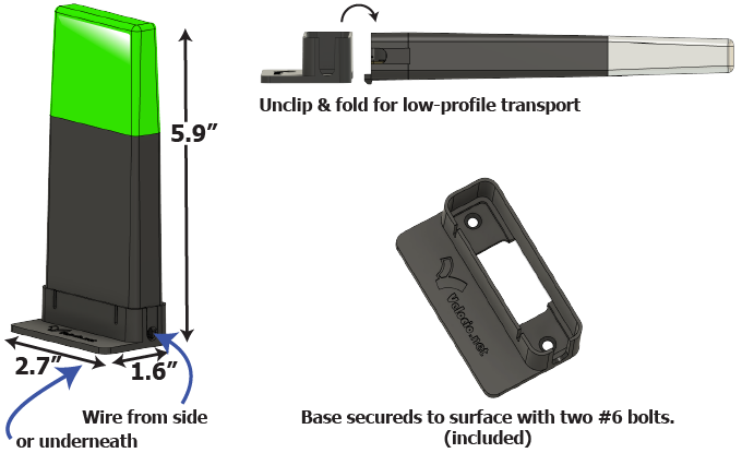 Status stack light dimensions, folding transport position, wire routing, and mounting base
