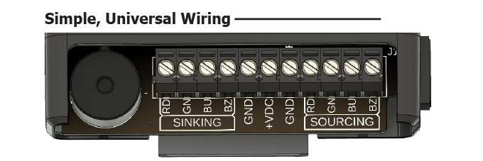 Status stack light terminal block showing sinking and sourcing connections