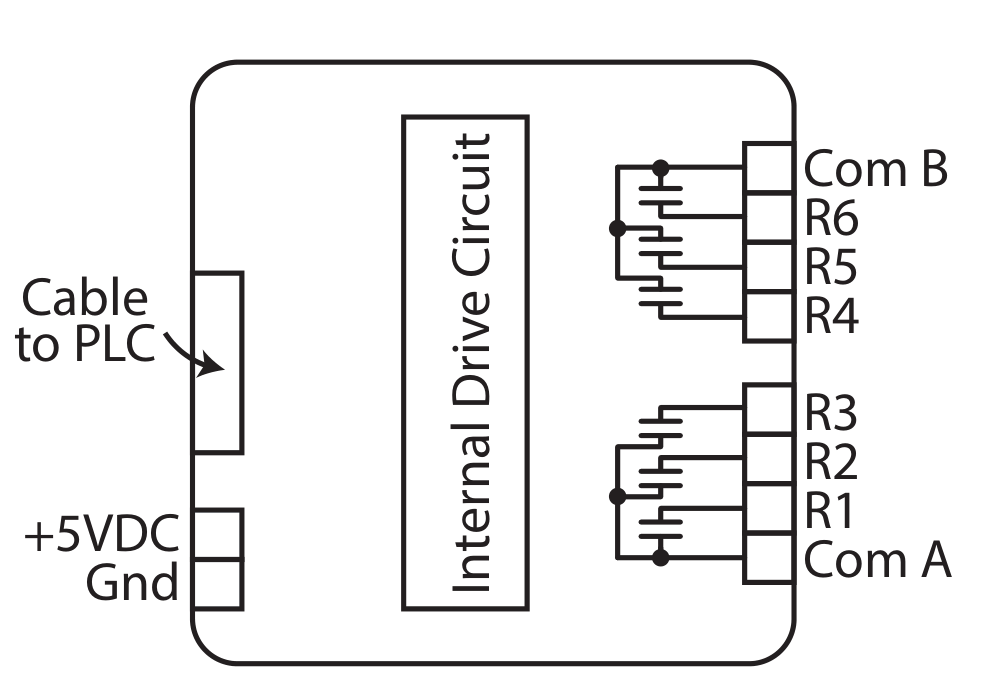 TBR06C-35 internal drive circuit showing six relay contacts grouped as R1 to R3 on Com A and R4 to R6 on Com B, with separate Gnd and +5VDC supply terminals
