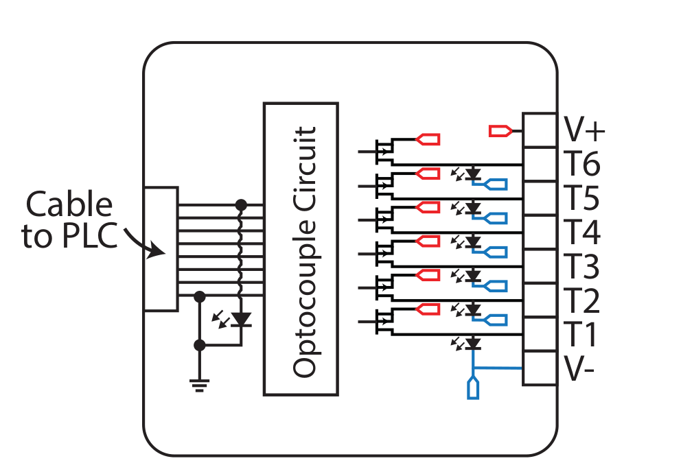 TBTN06-35H optocouple circuit showing six transistor outputs T1 through T6 switching from the shared V+ rail, with V+ and V− load supply terminals